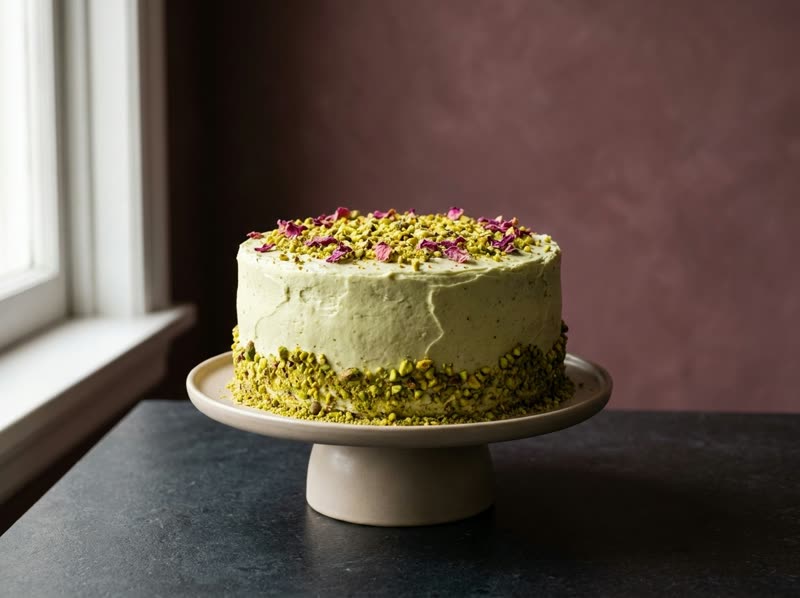 Pistachio and rose cake in pale green buttercream with crushed pistachios and dried rose petals