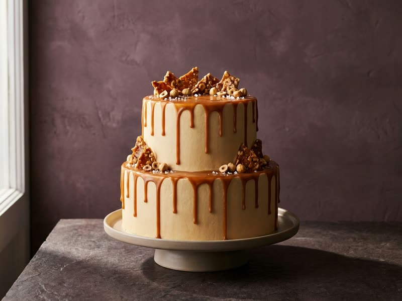 Two-tier salted caramel cake with an amber caramel drip and hazelnut praline shards