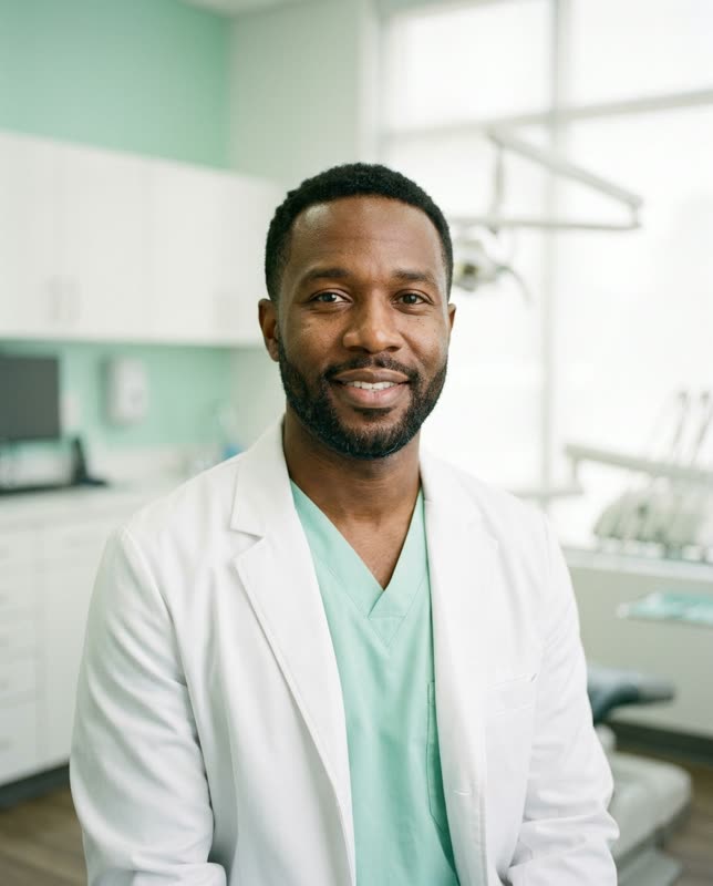 Portrait of Dr. Theo Adair, an implant surgeon with a short beard in a white coat over mint scrubs