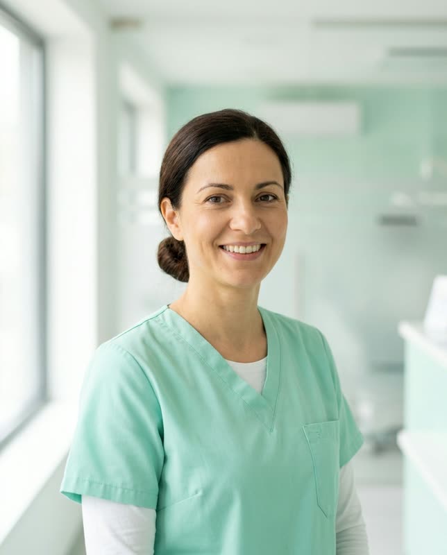 Portrait of Dr. Ines Varga, a smiling cosmetic dentist with dark hair in mint scrubs
